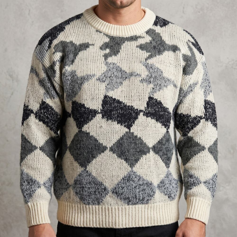 Vintage Men's Geometric Argyle Knit Sweater Grey Black Academic 80s 90s L